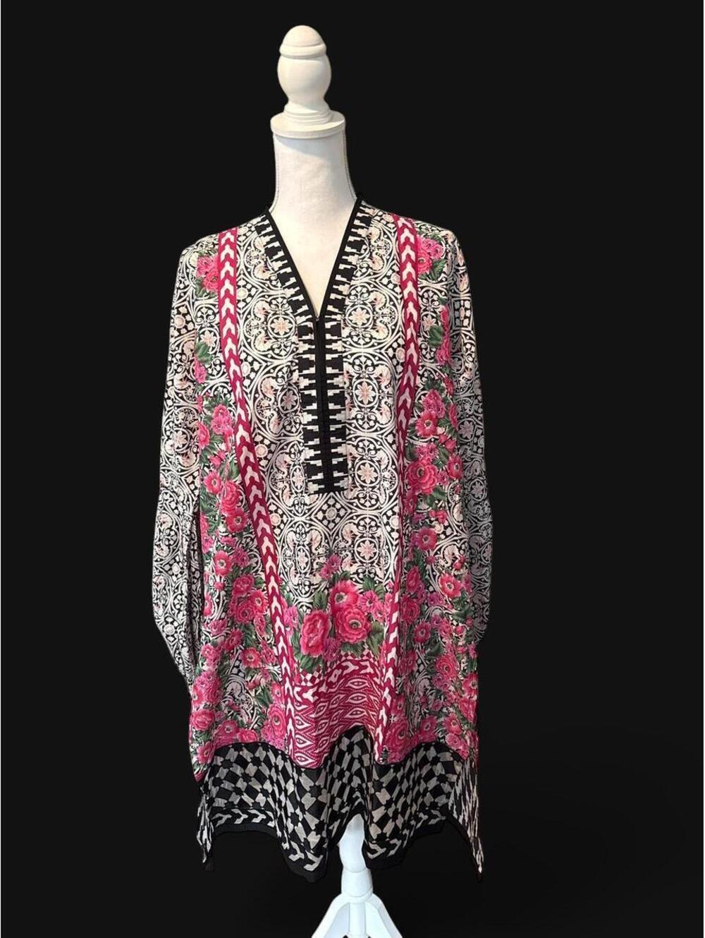 Khaadi Khaas Embroidered Cotton Tunic Dress 14 Pakistani Kurta Pink Floral Boho